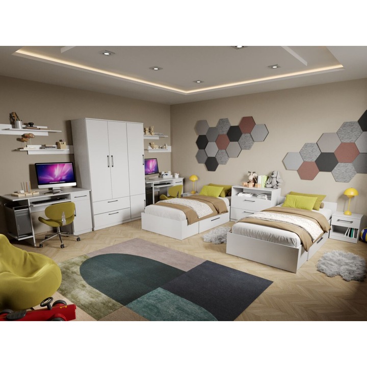 Set Mobila Dormitor Tineret, Mihai C22, Dulap 124 cm, 2 Paturi cu lada, 2 Birouri, 4 Polite Suspendate, 2 noptiere, Comoda