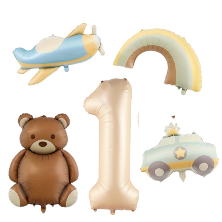 Set 5 Baloane Retro Aniversare 1 An, din folie, figurina Ursulet, Curcubeu nude, Masina de Politie, Avion Vintage, culori mate si Cifra 1 bej 100cm