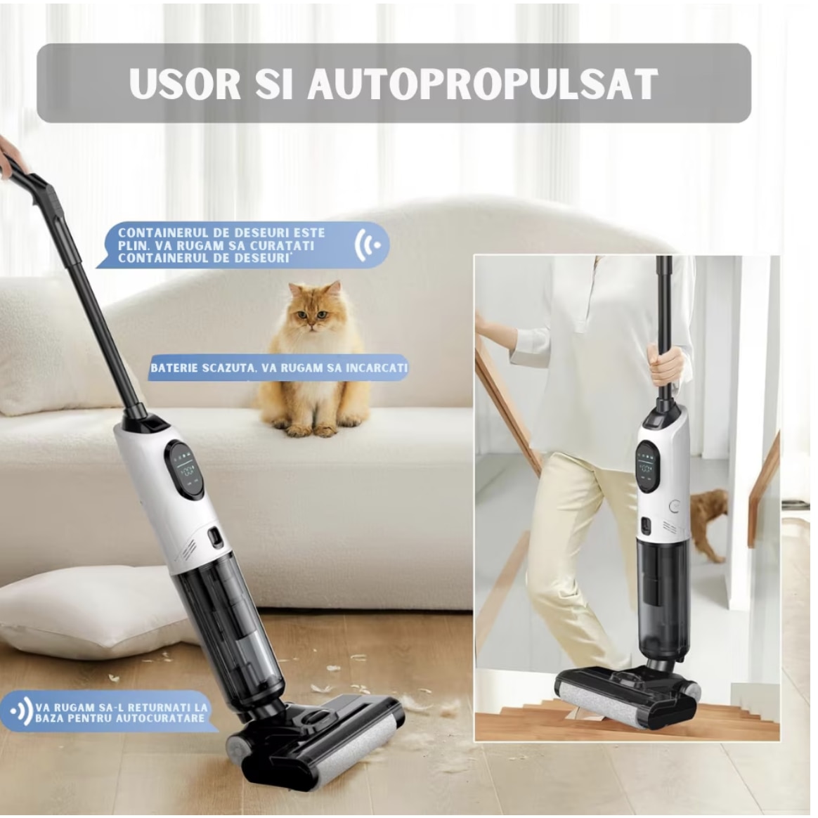 Aspirator Vertical, Ila Product®, Aspirator Fara Fir, Aspirare Puternica Cu Mop Umed Integrat, Control Inteligent Smart, Sistem Auto Curatare, Rezervor Apa Dublu, Filtru HEPA Lavabil, Aspirator Cu Filtru Performant, Putere 170W, Alb