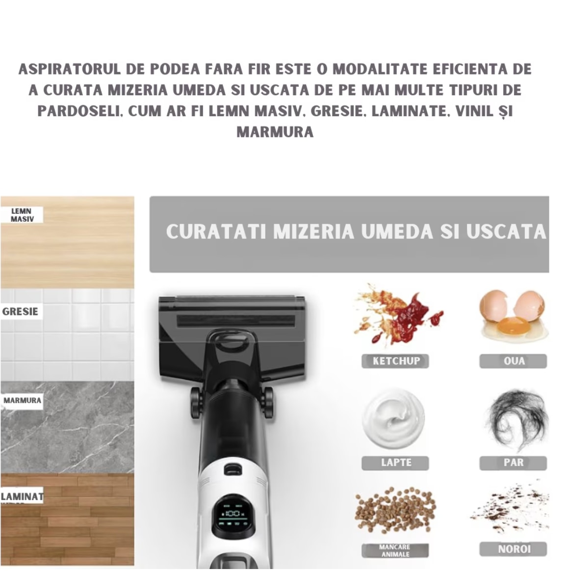 Aspirator Vertical, Ila Product®, Aspirator Fara Fir, Aspirare Puternica Cu Mop Umed Integrat, Control Inteligent Smart, Sistem Auto Curatare, Rezervor Apa Dublu, Filtru HEPA Lavabil, Aspirator Cu Filtru Performant, Putere 170W, Alb