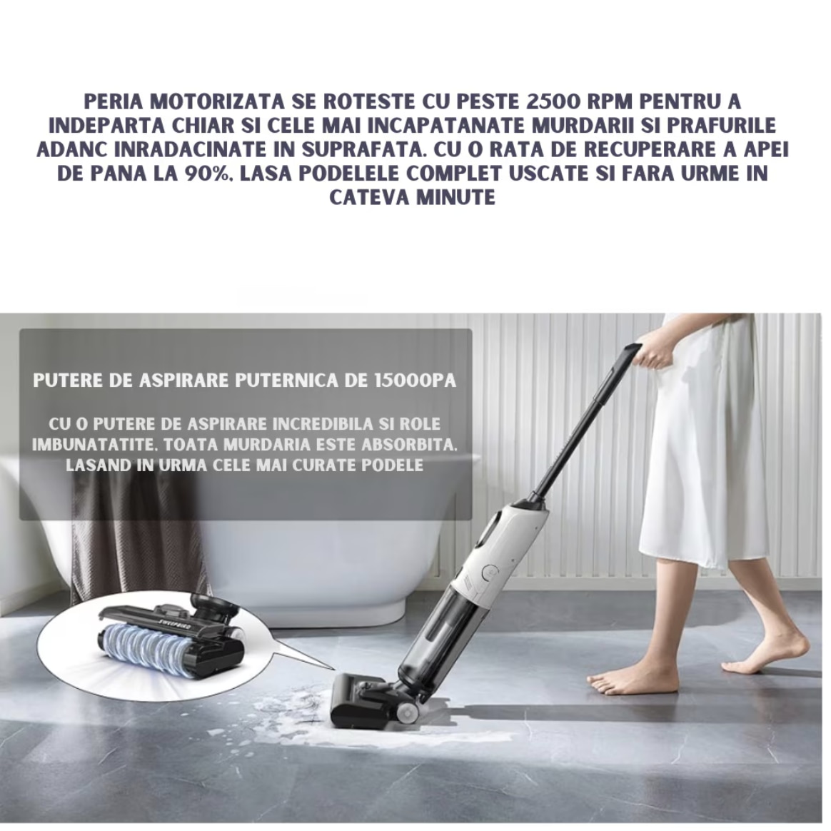 Aspirator Vertical, Ila Product®, Aspirator Fara Fir, Aspirare Puternica Cu Mop Umed Integrat, Control Inteligent Smart, Sistem Auto Curatare, Rezervor Apa Dublu, Filtru HEPA Lavabil, Aspirator Cu Filtru Performant, Putere 170W, Alb