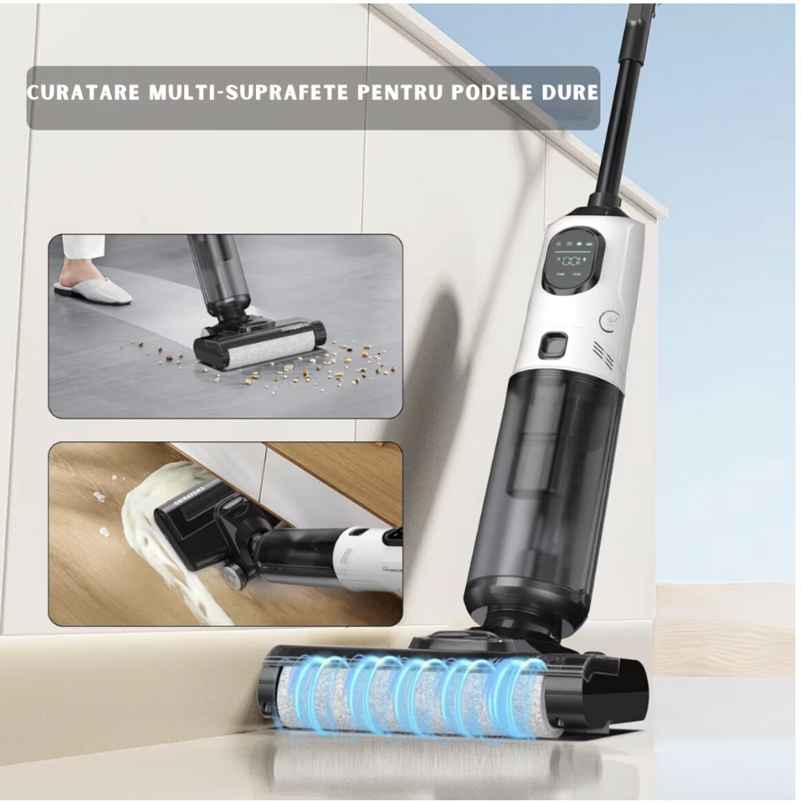 Aspirator Vertical, Ila Product®, Aspirator Fara Fir, Aspirare Puternica Cu Mop Umed Integrat, Control Inteligent Smart, Sistem Auto Curatare, Rezervor Apa Dublu, Filtru HEPA Lavabil, Aspirator Cu Filtru Performant, Putere 170W, Alb