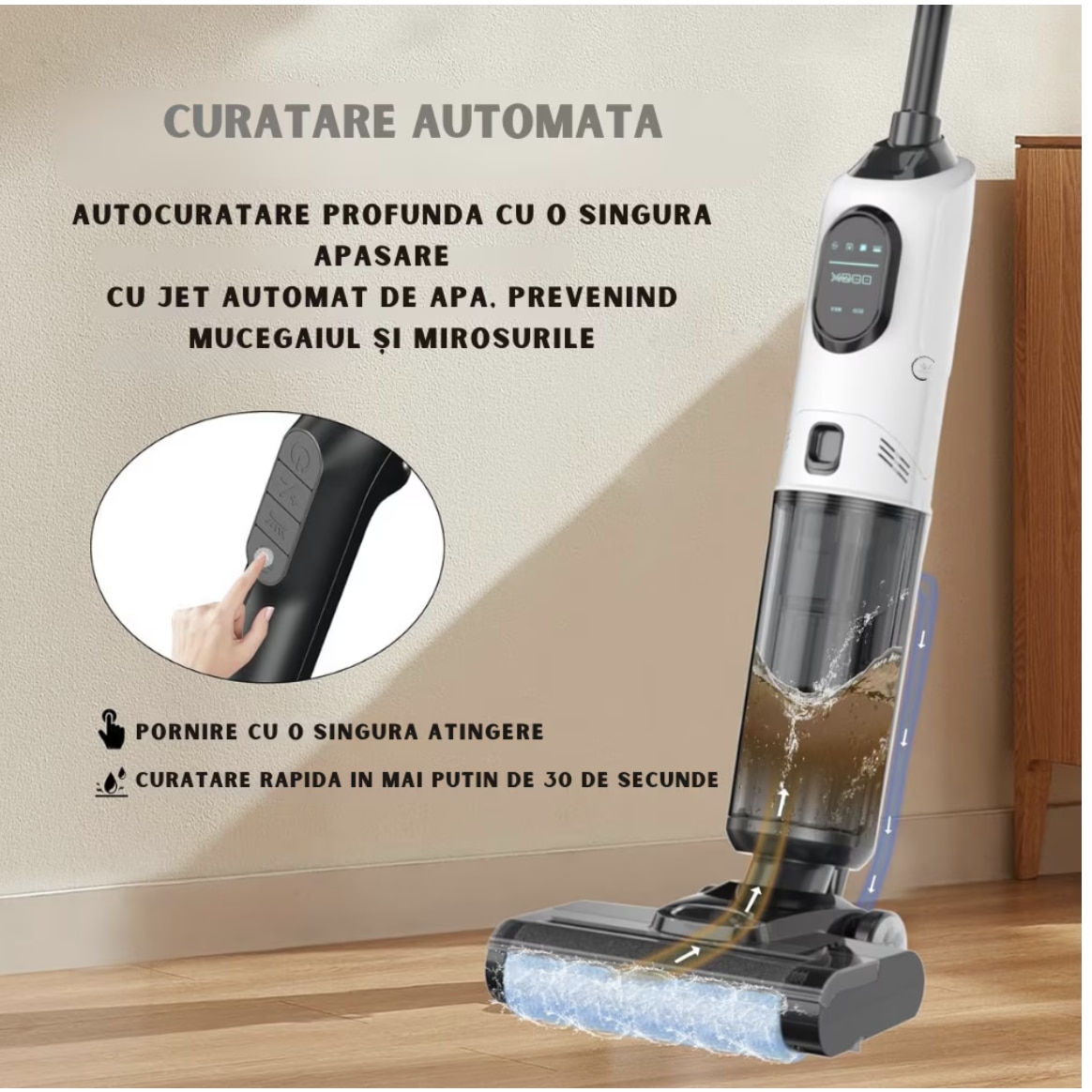 Aspirator Vertical, Ila Product®, Aspirator Fara Fir, Aspirare Puternica Cu Mop Umed Integrat, Control Inteligent Smart, Sistem Auto Curatare, Rezervor Apa Dublu, Filtru HEPA Lavabil, Aspirator Cu Filtru Performant, Putere 170W, Alb