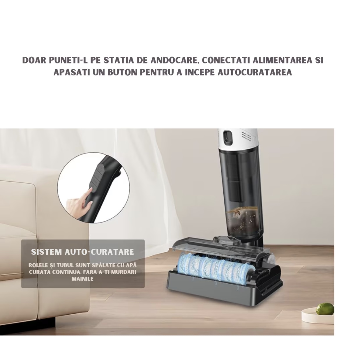 Aspirator Vertical, Ila Product®, Aspirator Fara Fir, Aspirare Puternica Cu Mop Umed Integrat, Control Inteligent Smart, Sistem Auto Curatare, Rezervor Apa Dublu, Filtru HEPA Lavabil, Aspirator Cu Filtru Performant, Putere 170W, Alb