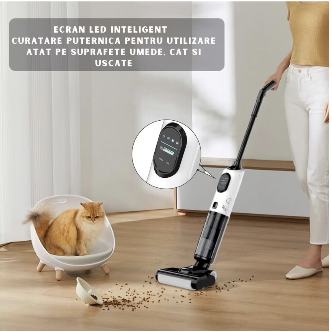 Aspirator Vertical, Ila Product®, Aspirator Fara Fir, Aspirare Puternica Cu Mop Umed Integrat, Control Inteligent Smart, Sistem Auto Curatare, Rezervor Apa Dublu, Filtru HEPA Lavabil, Aspirator Cu Filtru Performant, Putere 170W, Alb