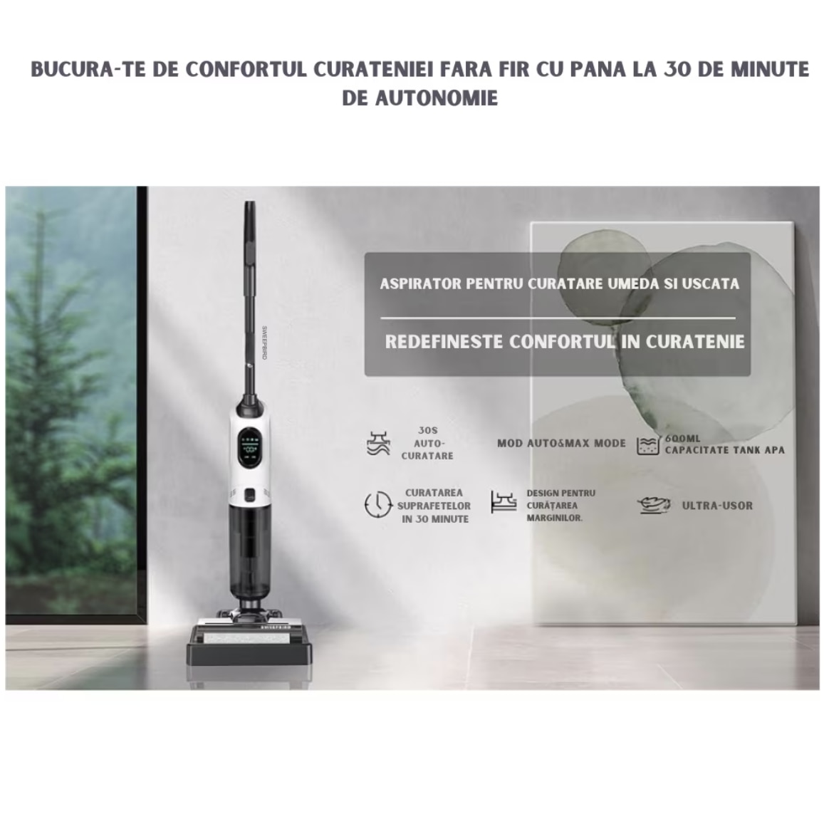 Aspirator Vertical, Ila Product®, Aspirator Fara Fir, Aspirare Puternica Cu Mop Umed Integrat, Control Inteligent Smart, Sistem Auto Curatare, Rezervor Apa Dublu, Filtru HEPA Lavabil, Aspirator Cu Filtru Performant, Putere 170W, Alb