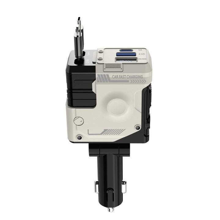Incarcator Auto Rapid Retractabil，66W 4 in1, Afisaj Digital Tensiune, stil mecanic ，pentru iPhone, Samsung, Google Pixel, Huawei, iPad Color:white