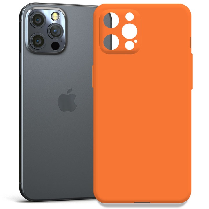 Husa pentru Apple iPhone 12 Pro, Color Shield, Interior de catifea, Suprafata aderenta, Protectie antisoc, Margini ridicate, Regular Fit, Silicon, Portocaliu neon