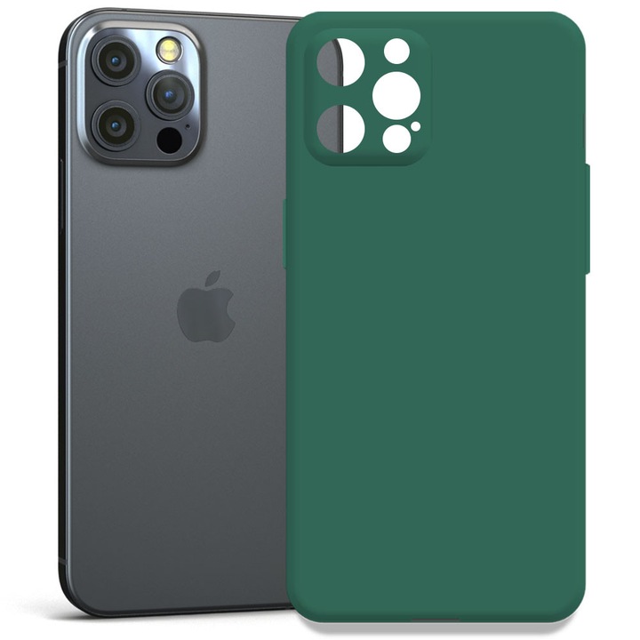 Husa pentru Apple iPhone 12 Pro, Color Shield, Interior de catifea, Suprafata aderenta, Protectie antisoc, Margini ridicate, Regular Fit, Silicon, Verde inchis