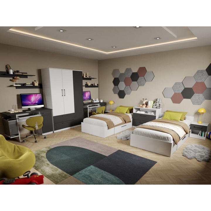 Set Mobila Dormitor Tineret, Mihai C23, Dulap 124 cm, 2 Paturi cu lada, 2 Birouri, 4 Polite Suspendate, 2 noptiere, Comoda