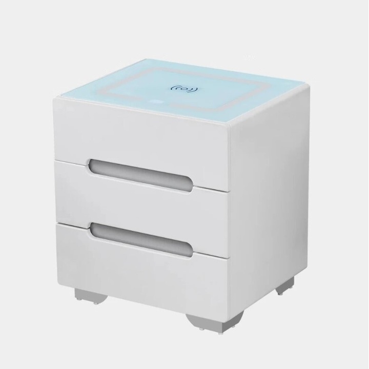 Noptiera Smart Multifunctionala cu Incarcare Wireless si USB, 3 sertare, LED-uri cu Touch, Temperatura Lumina Reglabila, Sticla Alba Securizata, Alba, Alpincool Rebeca