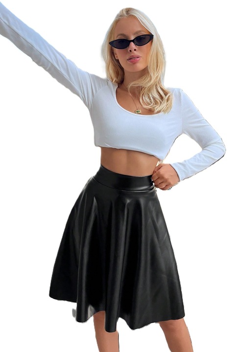 Fusta Dama, Evazata Din Piele Ecologica Cu Talie Inalta, Negru