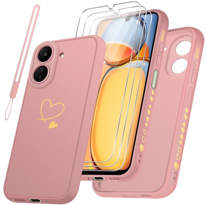 Tokkészlet/3 képernyővédő fólia, Xiaomi Redmi 13C / Poco C65 kompatibilis, TPU/biztosított üveg, rózsaszín
