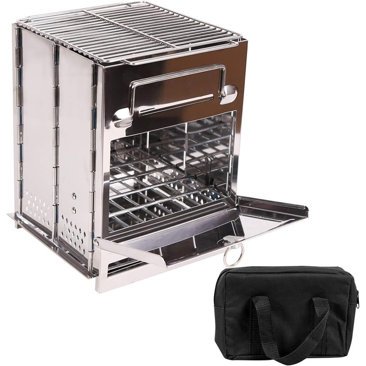 Gratar portabil pentru camping JVTHKY, pliabila, inox, argintiu, 20x20x27cm