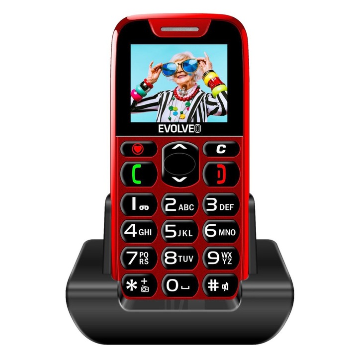 EVOLVEO EasyPhone, mobiltelefon időseknek töltőállvánnyal, piros