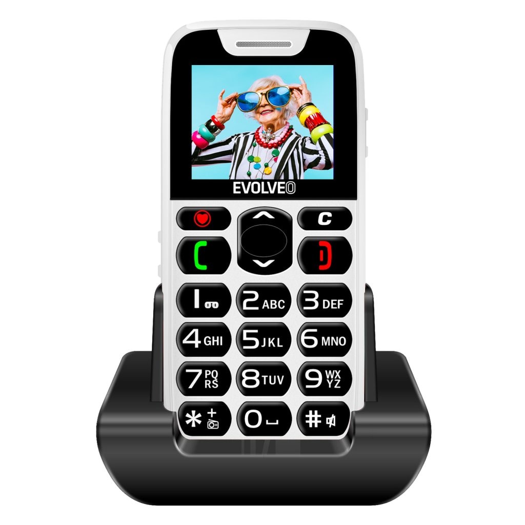 Evolveo EasyPhone, telefon mobil pentru seniori cu suport de incarcare, 32 MB, 2G, Alb