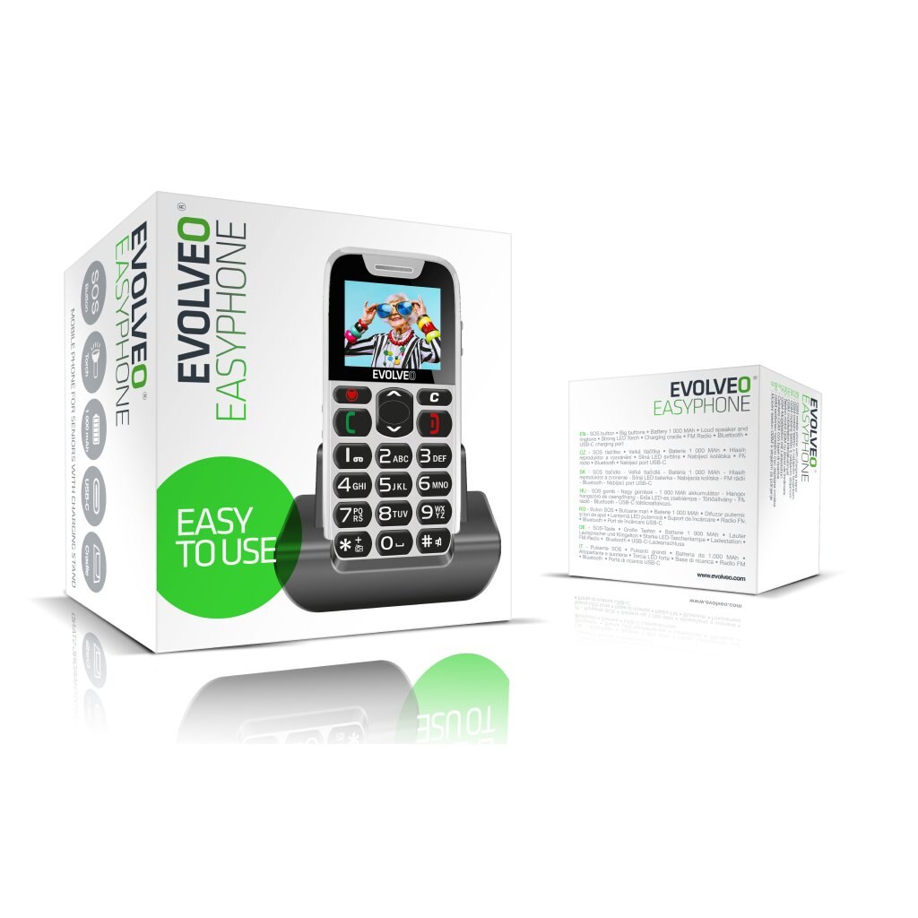 Evolveo EasyPhone, telefon mobil pentru seniori cu suport de incarcare, 32 MB, 2G, Alb
