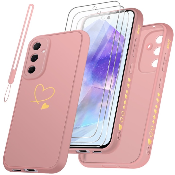 Set husa/3 folii protectie ecran, compatibil cu Samsung Galaxy A55 5G, TPU/sticla securizata, roz