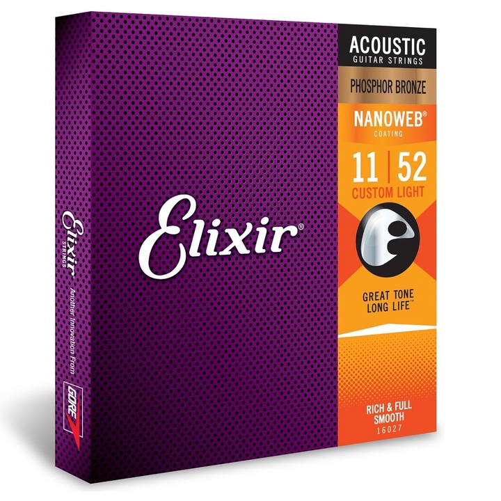 Комплект струни за акустична китара enkourakoko®, Elixir Nanoweb, дебелина 11-52 Extra Light, фосфорен бронз