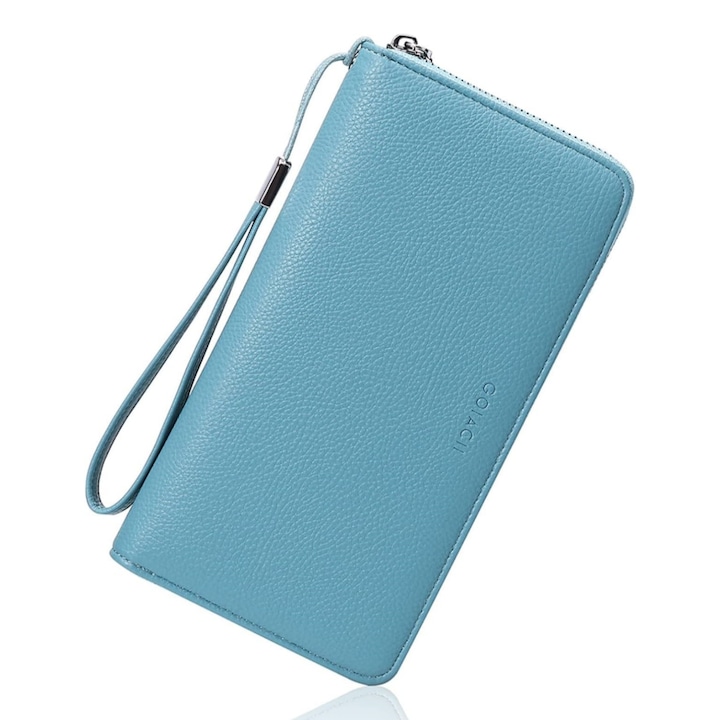 Дамски портфейл, Голям капацитет, Изработен от естествена кожа, С метален цип, 23 отделения, 21.5x11.5x2.5cm, enkourakoko®, Светло син