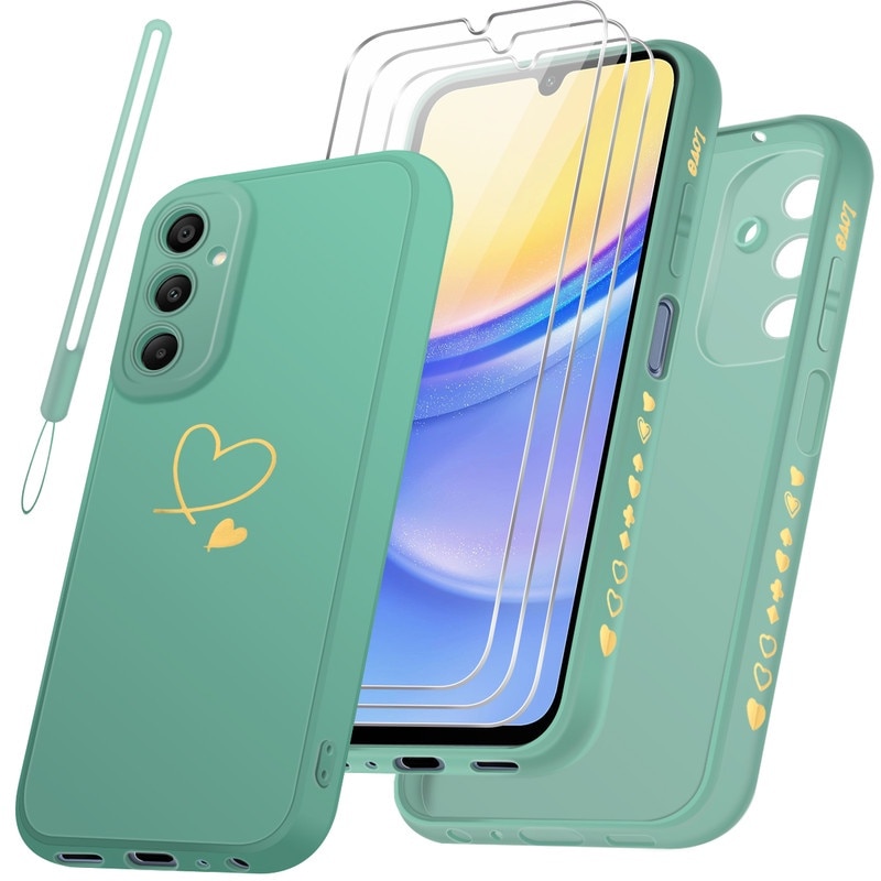 Set husa/3 folii protectie ecran, compatibil cu Samsung Galaxy A15 4G / 5G, TPU/sticla securizata, verde