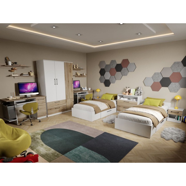 Set Mobila Dormitor Tineret, Mihai C24, Dulap 124 cm, 2 Paturi cu lada, 2 Birouri, 4 Polite Suspendate, 2 noptiere, Comoda