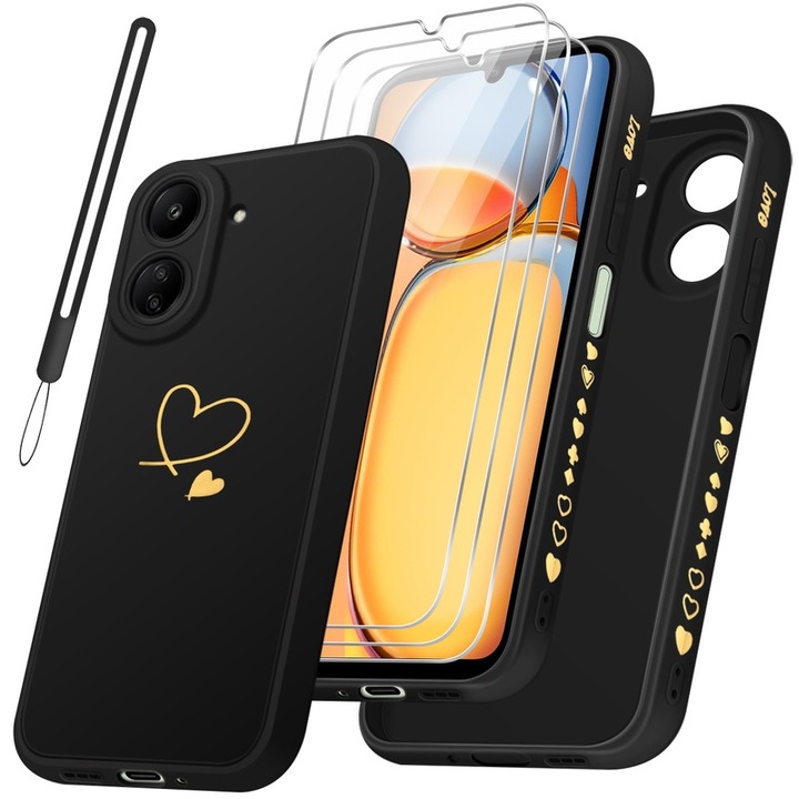 Borítókészlet, 3 képernyővédő fólia, kompatibilis Xiaomi Redmi 13C / Poco C65, TPU/biztosított üveg, fekete
