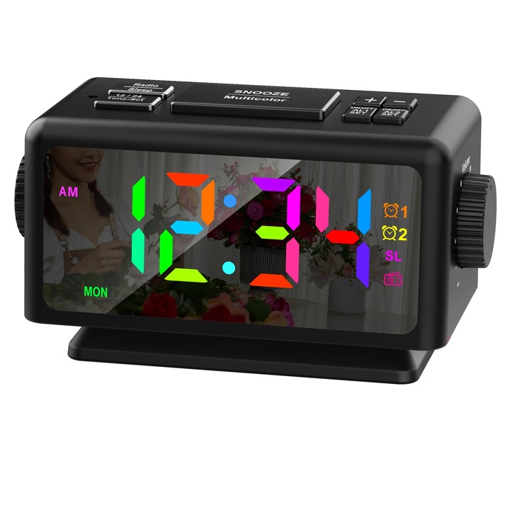 Часовник, digital lighting LED, Ocean Sound®, радио функция, съхранение на 70 радиостанции, 2 будилника, настройка на осветеността, 4 RGB, 7 цвята, черно