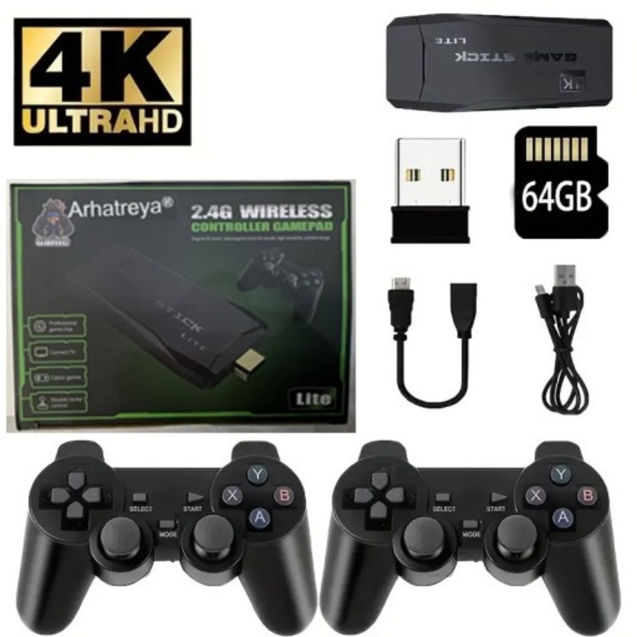 Игрова конзола Video Game Stick Lite 4K Video Game Console Controller Arhatreya® Wireless Dual M8 64GB До 20 000 ретро игри