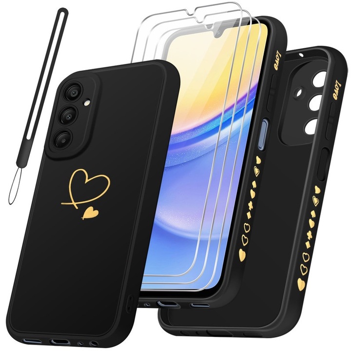 Fedőkészlet/3 kijelzővédő fólia, kompatibilis a Samsung Galaxy A15 4G / 5G telefonnal, TPU/biztosított üveg, fekete