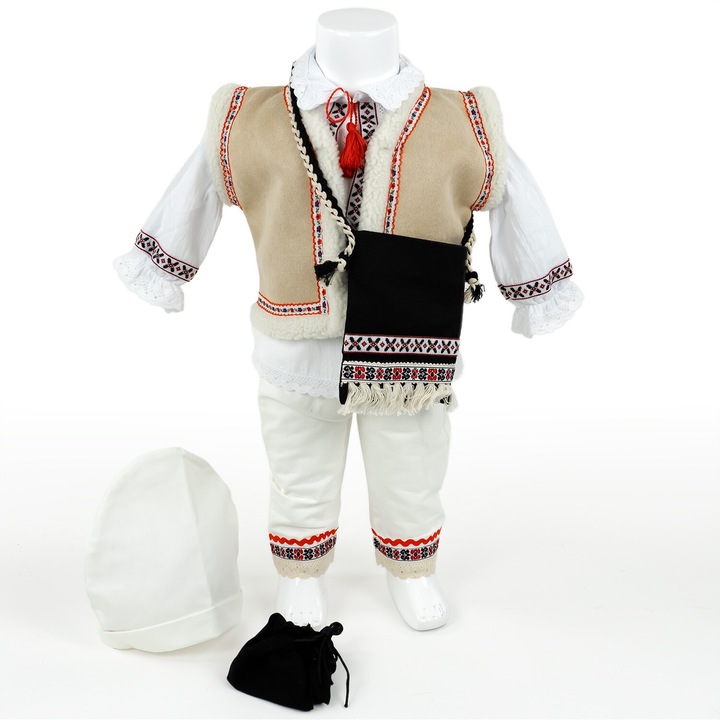Costum Botez - Port Traditional "Ionica", cu Caciula si Traista, 6 piese, pentru Baieti, culoare Multicolor, marca LoreBebe ® - 69-74 CM