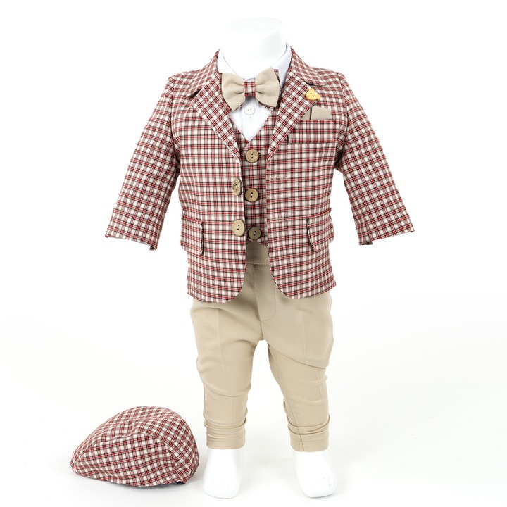 Costum Botez "Oliver", cu Chipiu si Papion, 6 piese, pentru Baieti, culoare Visiniu, marca LoreBebe ® - 75-80 CM