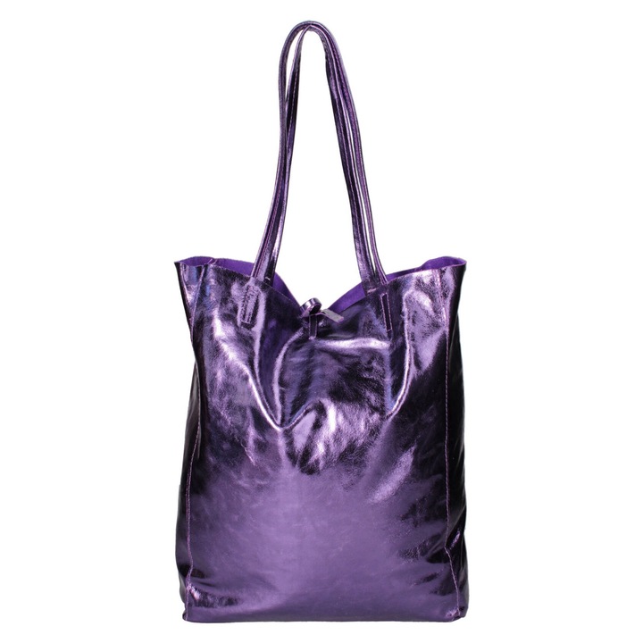 Gave Lux, Geanta shopper din piele cu model uni, Violet deschis