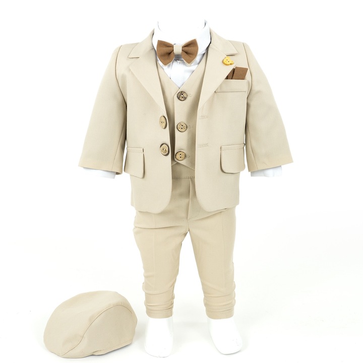 Costum Botez "Eric", cu Chipiu si Papion, 6 piese, pentru Baieti, culoare Crem, marca LoreBebe ® - 57-62 CM