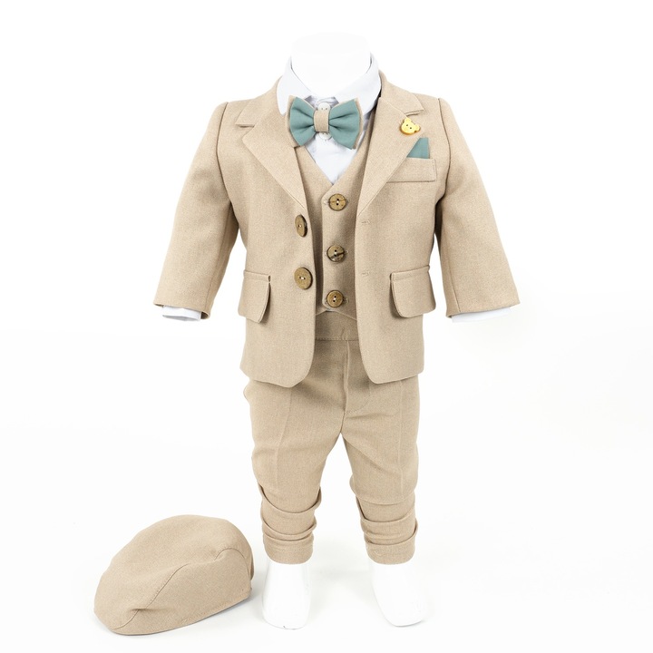 Costum Botez "Damian", cu Chipiu si Papion, 6 piese, pentru Baieti, culoare Crem, marca LoreBebe ® - 75-80 CM