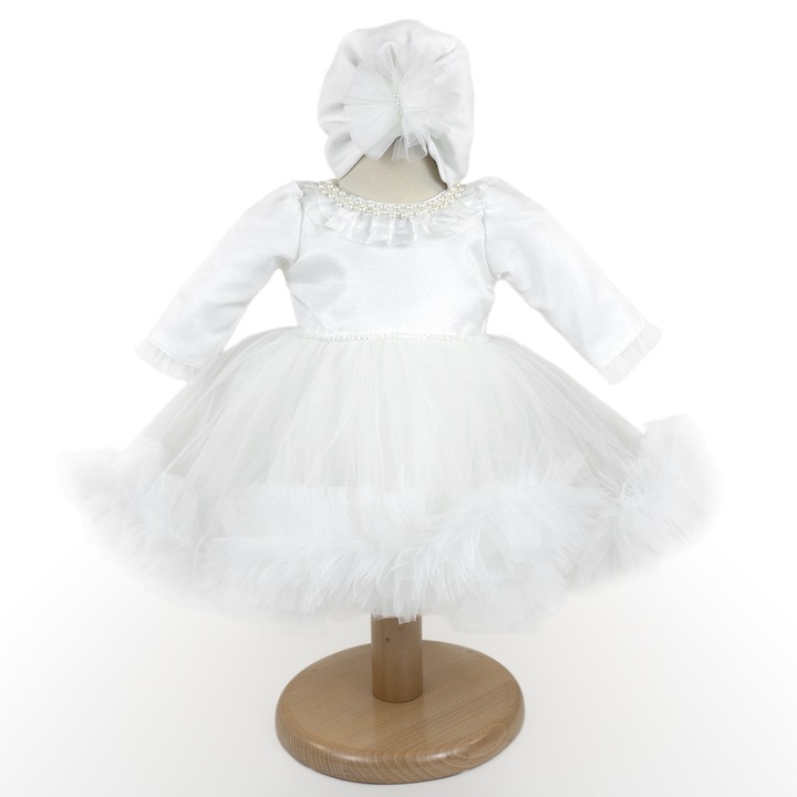 Rochita Botez “Liriel” Culoare Alb Sidefat, cu Volane si Perle, Maneca Lunga, 2 Piese, Rochie si Turban - 57-62 CM