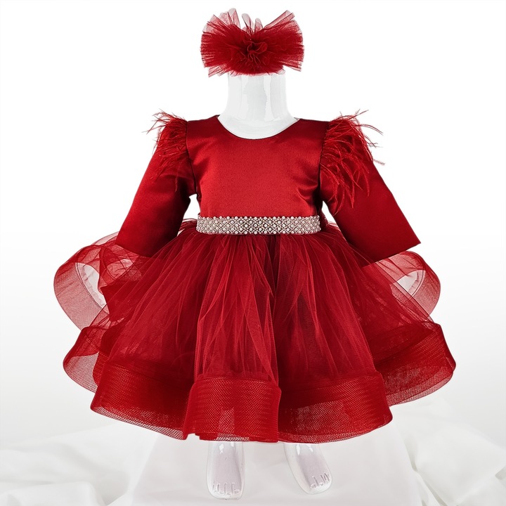 Rochita Botez "Anca", cu Bentita, 2 piese, pentru Fete, culoare Rosu, marca LoreBebe ® - 63-68 CM