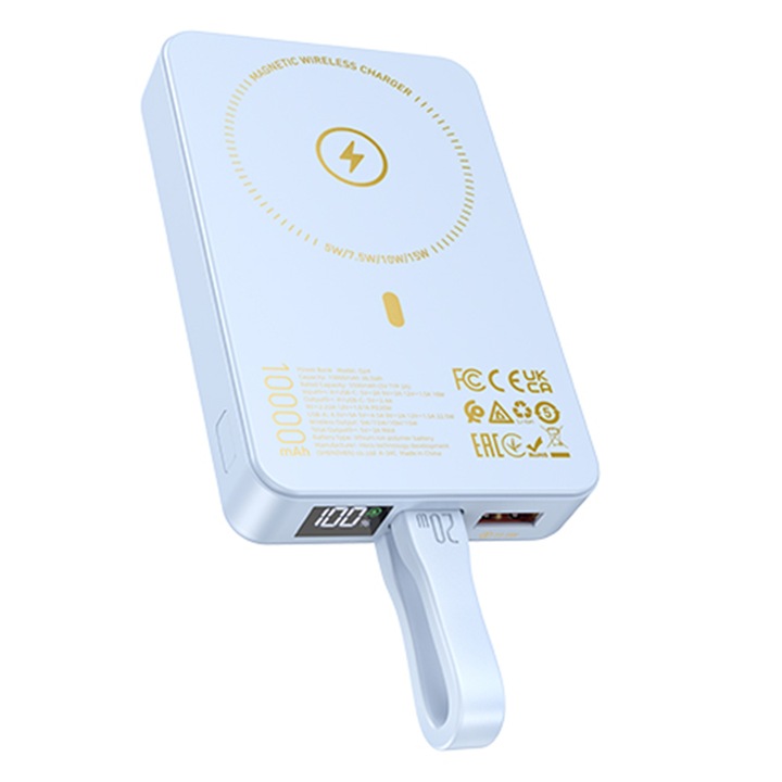 Безжична външна батерия, 10 000 mAh, PowerBank, магнитна, MagSafe съвместима + Mini USB-C към Lightning кабел, бързо зареждане, 22,5 W + PD20 W, LED захранване, син (Q24)