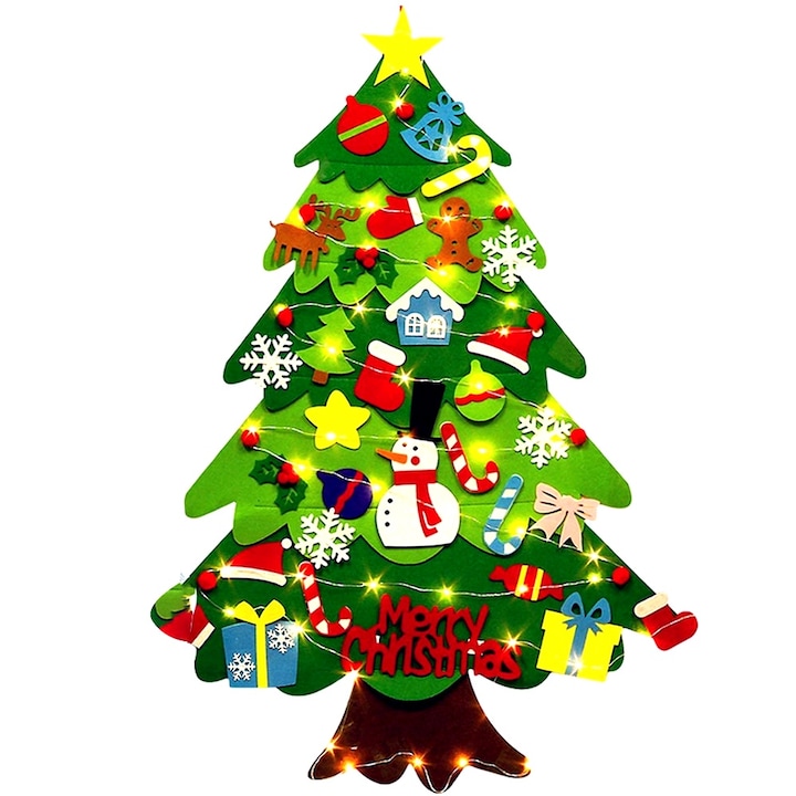 Set Pom de Craciun Interactiv din Fetru, cu 30 de Ornamente si Sir de Lumini, 100x70cm, Multicolor