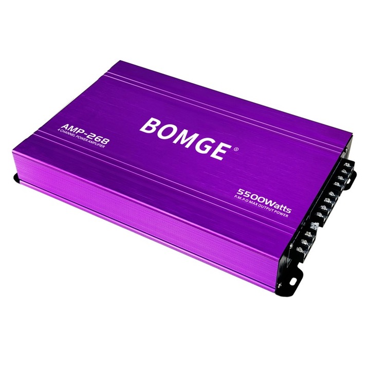 Amplificator auto BOMGE, AMP-268, 4 canale, 4 ohm, Clasa A/B, 5500W, aluminiu, 38x21.7x6.8cm, mov