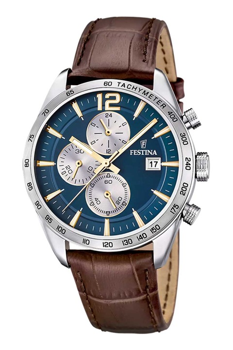 Festina, Ceas cronograf cu o curea de piele, Argintiu, Maro