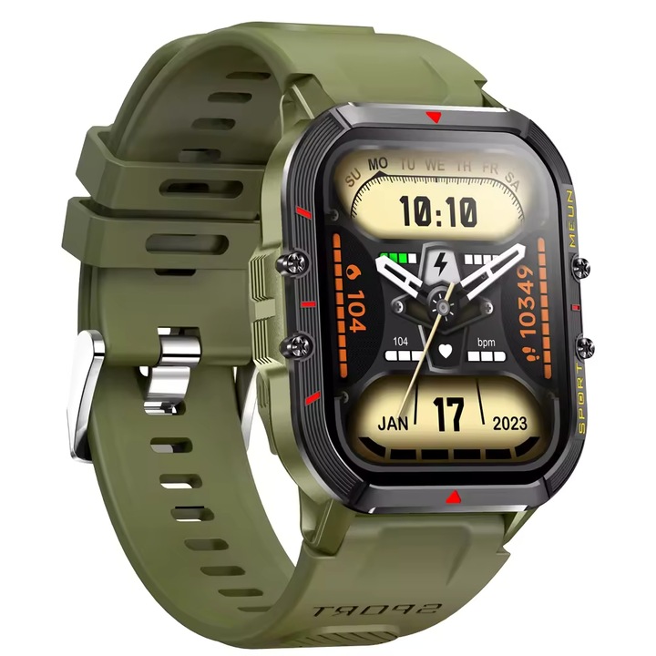 Ceas smartwatch, Ecran Amoled 1.96", IP68, rezistent la apa, multifunctional: monitorizare ritm cardiac, busola, Gps, voice assistant AI, notificari sociale, apeluri Bluetooth, fitness tracker, calendar, cronometru, baterie 280mAh, autonomie 5-10 zile