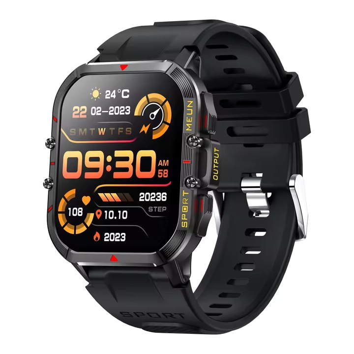 Ceas smartwatch, Ecran Amoled 1.96", IP68, rezistent la apa, multifunctional: monitorizare ritm cardiac, busola, Gps, voice assistant AI, notificari sociale, apeluri Bluetooth, fitness tracker, calendar, cronometru, baterie 280mAh, Culoare Negru