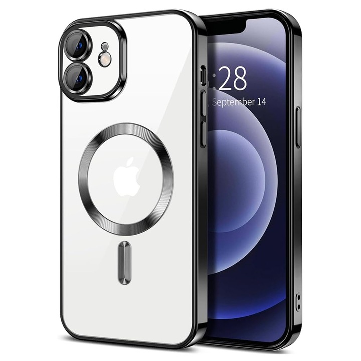 Husa de protectie compatibila cu Apple iPhone 12, Metal MagSafe, Silicon cu margini metalizate, Electroplacata, Lentile de protectie camera, Ultra-Slim, Negru