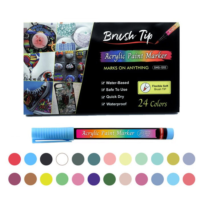 Комплект акрилни маркери, мек връх, водоустойчиви, многоцветни, 24 цвята