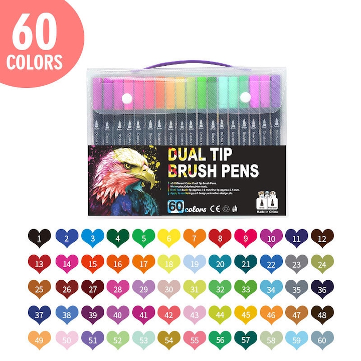 Set de 60 de carioci acuarela brush pen, capete duble, cerneala pe baza de apa, PP plastic, non-toxic