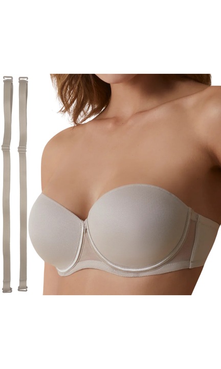 Sutien Push Up, Selene, Esmeralda, Banda De Silicon, Material Foarte Fin Si Placut La Atingere, Bretele Detasabile, Sustinere Metalica, Efect De Modelare, Invizibil Pe Sub Haine, 82% Poliamida, 18% Elastan, Bej