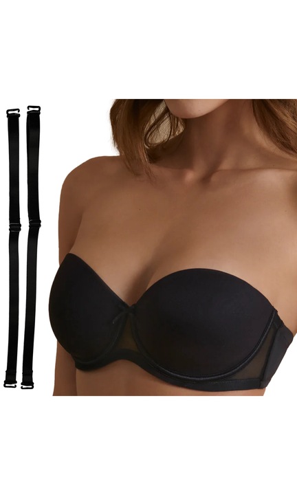 Sutien Push Up, Selene, Esmeralda, Banda De Silicon, Material Foarte Fin Si Placut La Atingere, Bretele Detasabile, Sustinere Metalica, Efect De Modelare, Invizibil Pe Sub Haine, 82% Poliamida, 18% Elastan, Negru