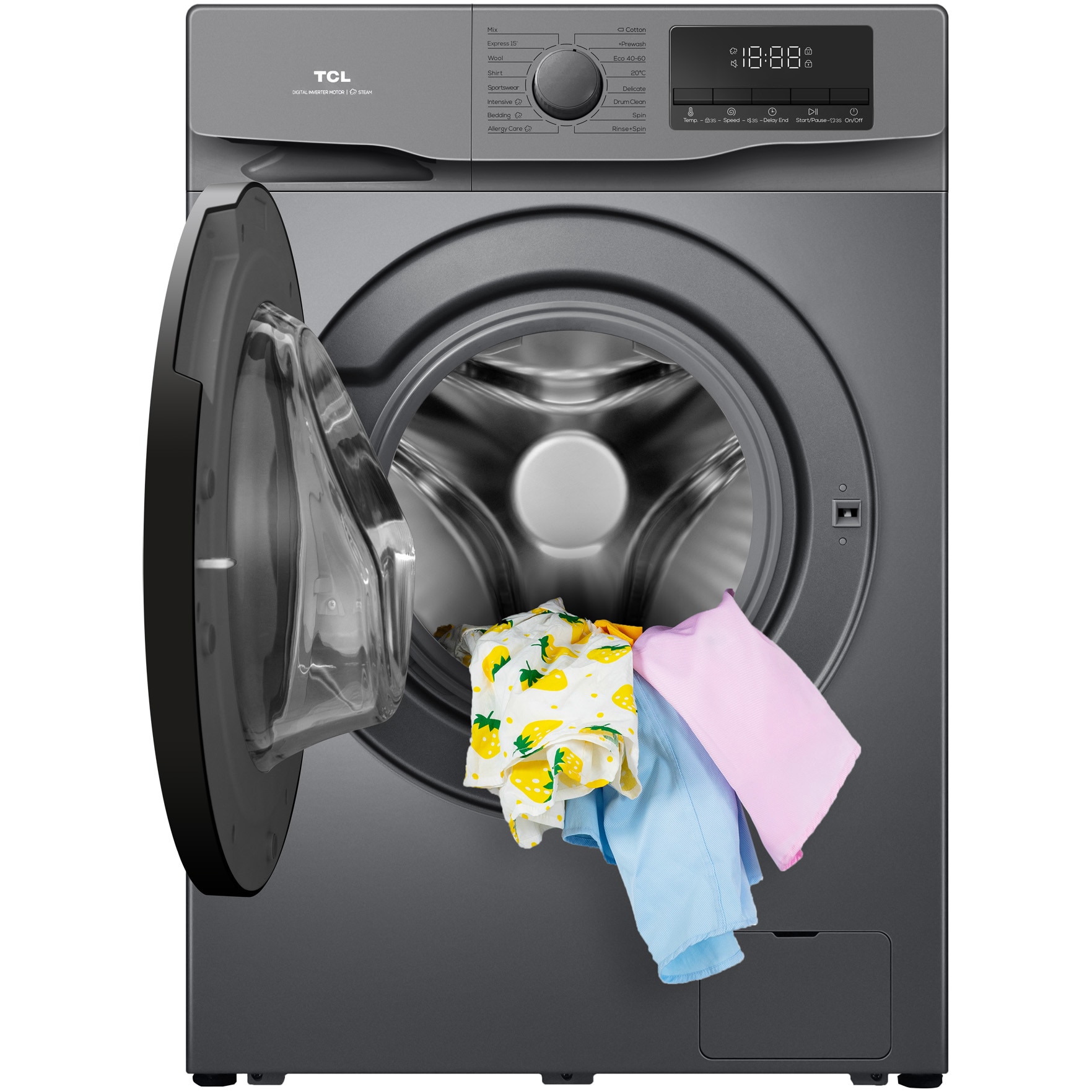 Masina de spalat rufe TCL FF0612SB1, 6 kg, 1200 RPM, Clasa B, BLDC Inverter Motor, Steam Wash, Drum Clean, 24 Hour Delay, Honeycomb Drum, Quick Wash 18 min, Add Garment, 16 Programe, Argintiu