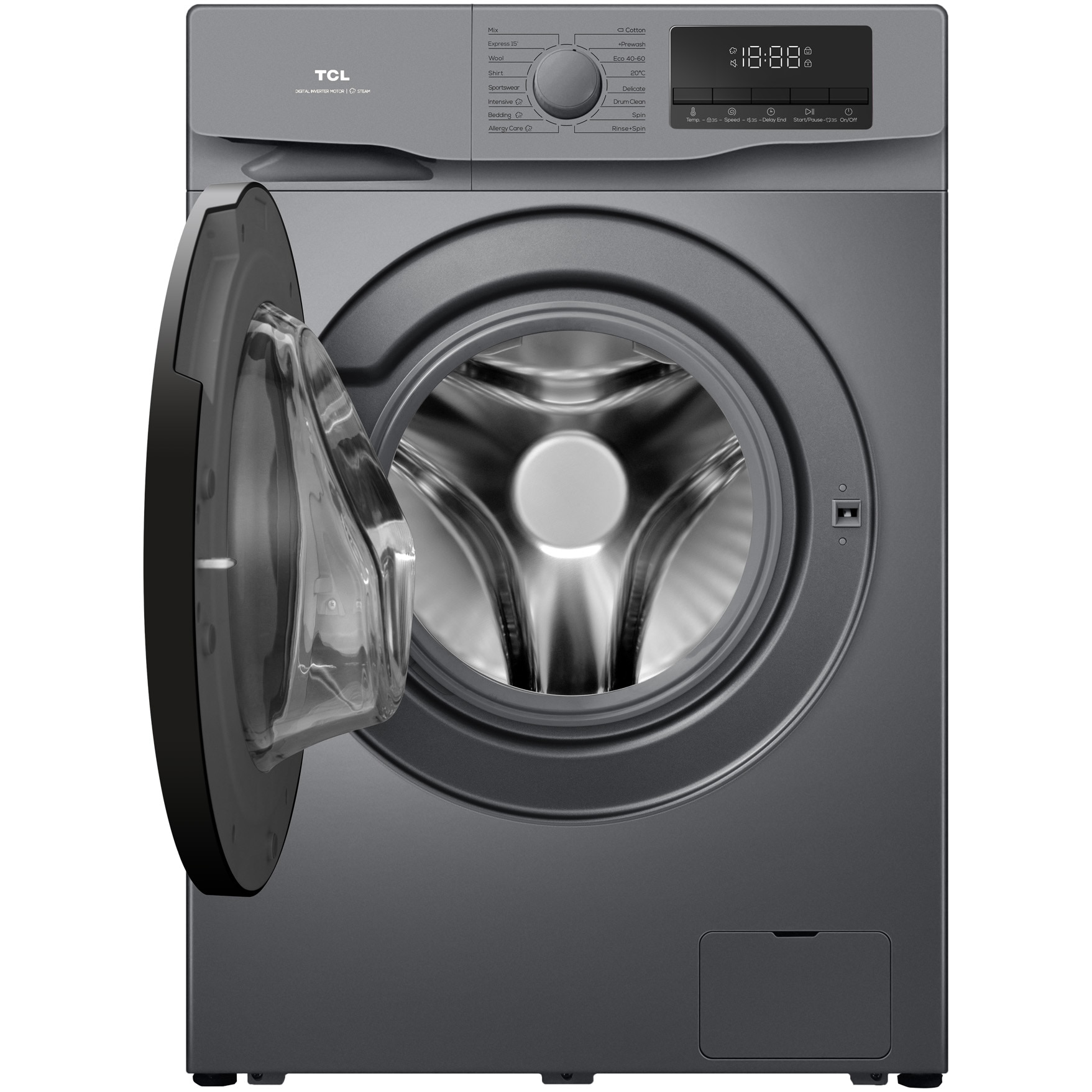 Masina de spalat rufe TCL FF0612SB1, 6 kg, 1200 RPM, Clasa B, BLDC Inverter Motor, Steam Wash, Drum Clean, 24 Hour Delay, Honeycomb Drum, Quick Wash 18 min, Add Garment, 16 Programe, Argintiu